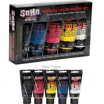 SoHo Artist Acrylic Paint Primary Mixing Set of 5 75ml Tubes