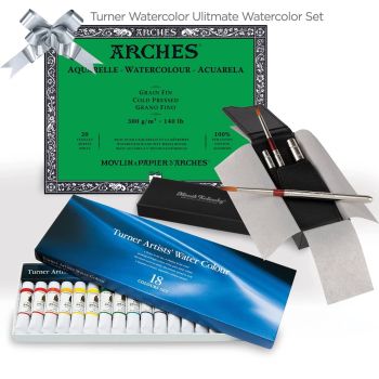 Turner Watercolor Gift Set 9x12in Arches Watercolor Block and Kolinsky Short Handle Brush Set of 4 