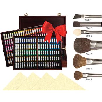 This set includes 200 handmade soft pastels fitted inside of a beautiful wooden case, 10 sheets of UART pastel paper and 6 pastel blending brushes!