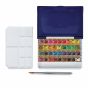 The Watercolor Set of 36, half pans also includes a travel brush and a durable plastic case with a built-in 10-slot mixing tray