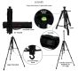 Tripod has rubber feet, bubble level, and weight hook to provide stability