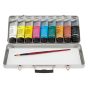 The set includes nine 100ml tubes in Titanium White, Cadmium Yellow (Hue), Lemon Yellow, Magenta Red, Veridian (Phthalo), Cyan Blue, Yellow Ochre, Burnt Sienna, and Iron Oxide Black. 