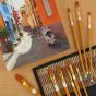 High quality gold taklon synthetic hair handles heavy bodied paints to fluid colors