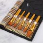 Set includes Brights, Filberts, Rounds, an Angular, and a Flat all in a Bamboo Brush Roll-up