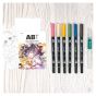 Contents: 6 Dual Brush Pens, 1 Water Brush, 2 Illustrated Coloring Sheets & 1 Blank Coloring Sheet