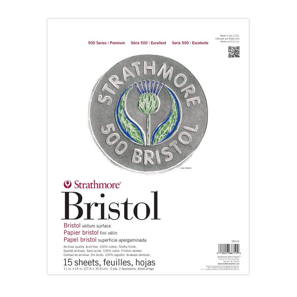Strathmore 500 Bristol 100% Vellum/Plate Cotton Pads Vellum 11" x 14" (15 Sheets)