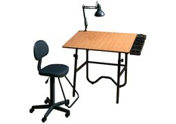 ALVIN Onyx Creative Center Table with Pneumatic-Lift Drafting Chair & Lamp 30x42" - Black Base / Cherry Top
