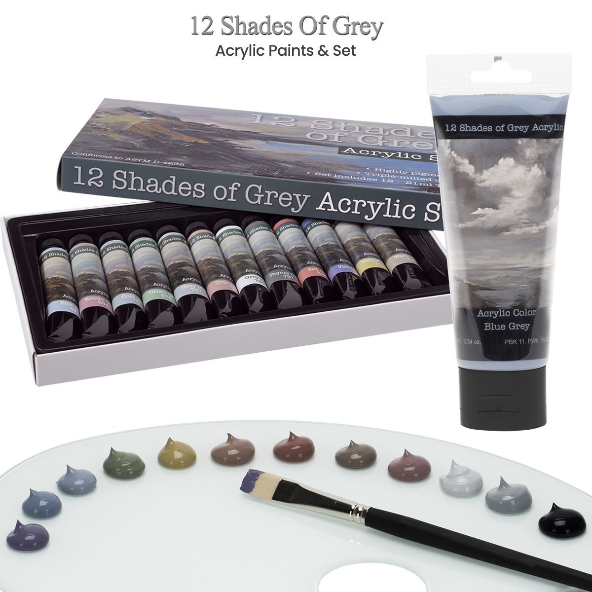 12 Shades of Grey Acrylic Paint Colors & Set of 12