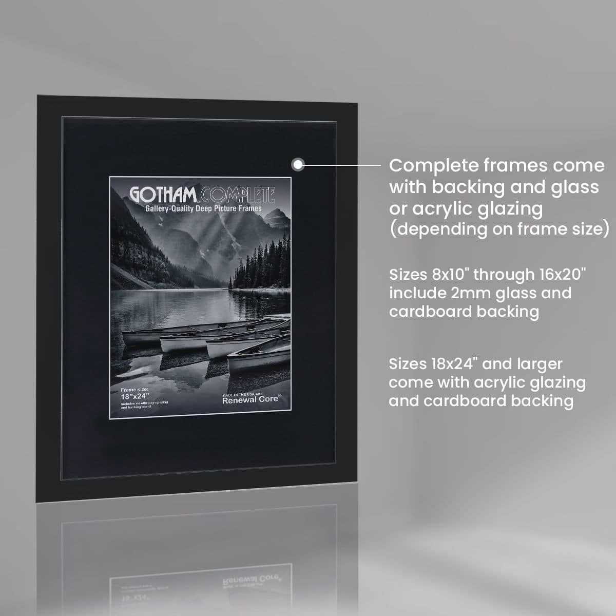 Complete frames come with backing and glass or acrylic glazing (depending on frame size)