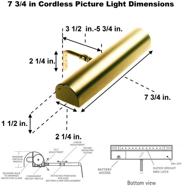7 3/4" Cordless Picture Light Dimensions