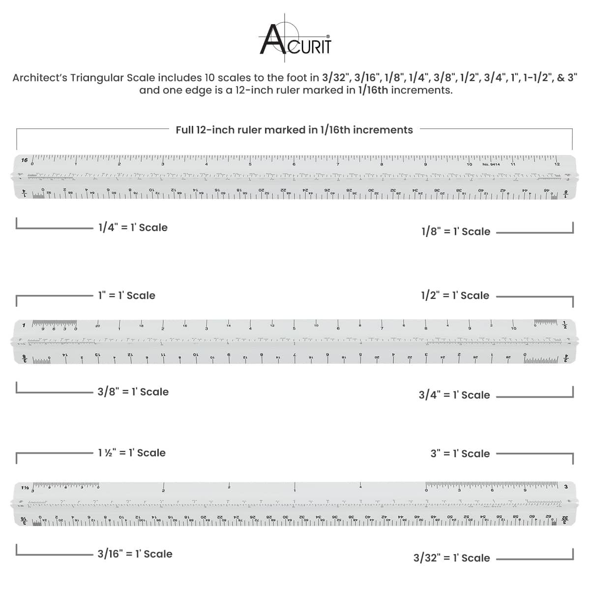 Triple-sided ruler with 10 different scales and a 12-inch ruler 