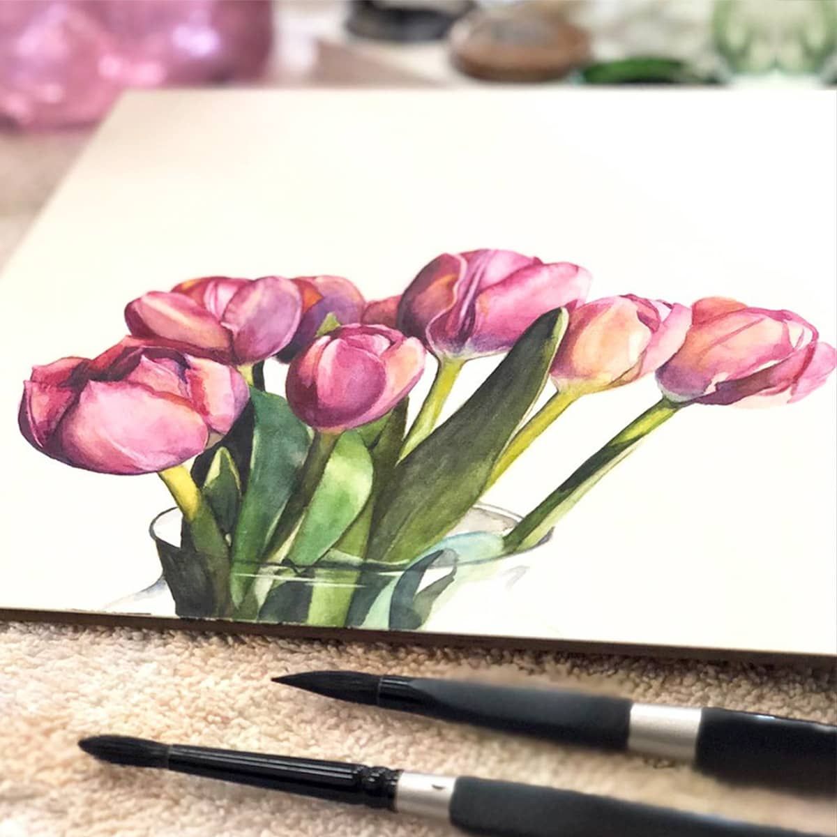 Kara K. Bigda, 'Hallie's Tulips', 8x8", watercolor on Aquabord