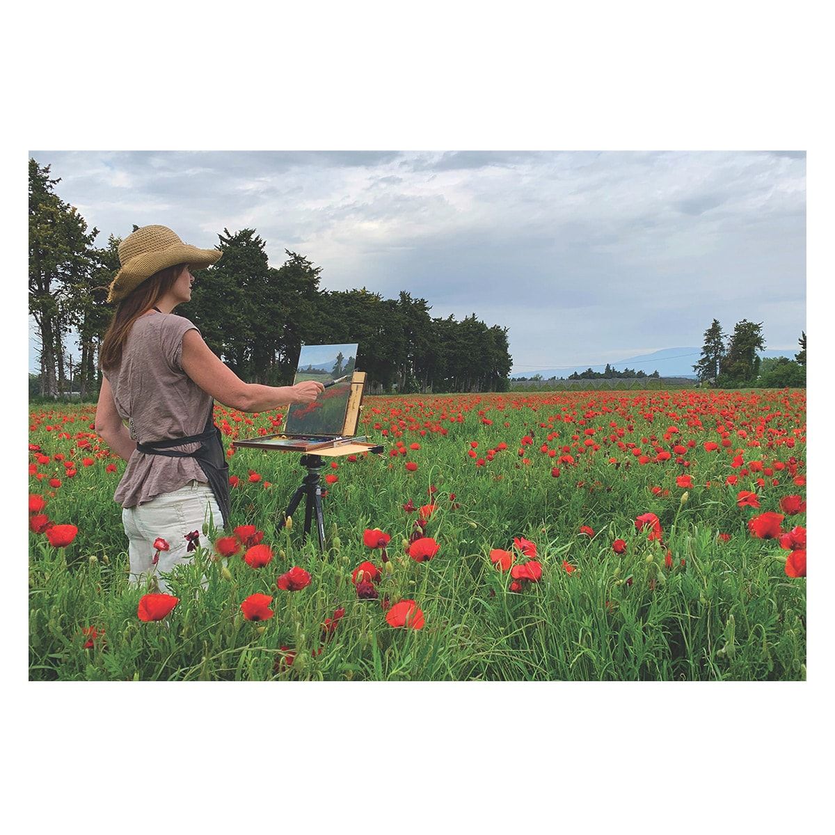 Artist Jane Hunt painting in France on archival, eco- friendly Gessobord