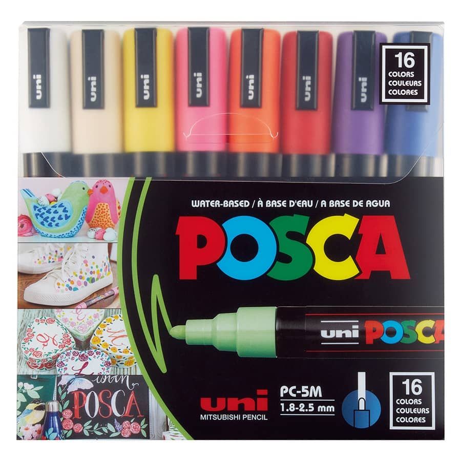 Posca Acrylic Paint Marker 1.8-2.5mm Medium Tip Basic Colors Set of 16