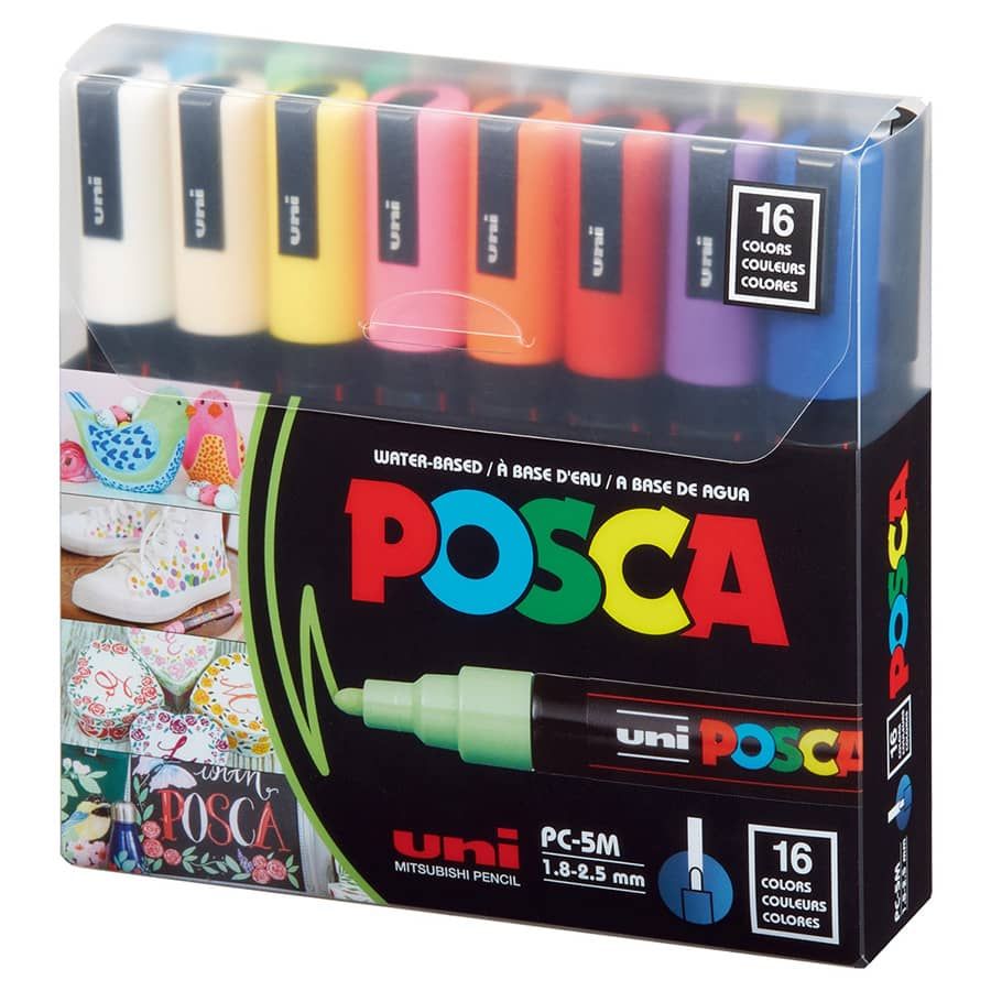 Posca Acrylic Paint Marker 1.8-2.5mm Medium Tip Basic Colors Set of 16
