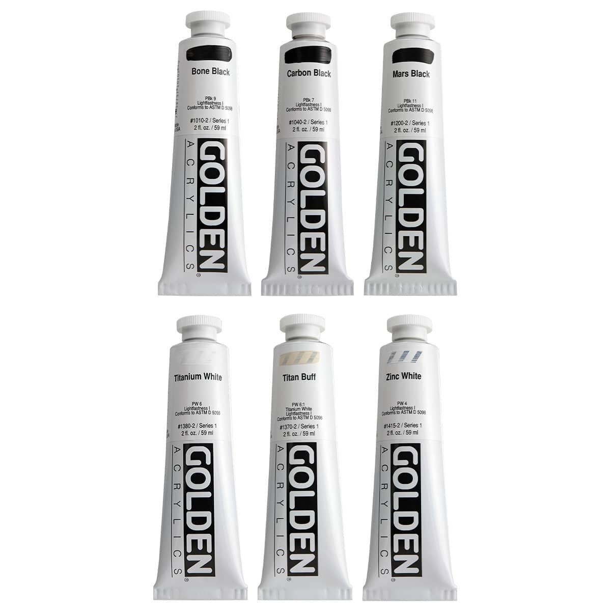 GOLDEN Heavy Body Acrylics, Black & White Set of 6, 2oz Tubes Jerry's
