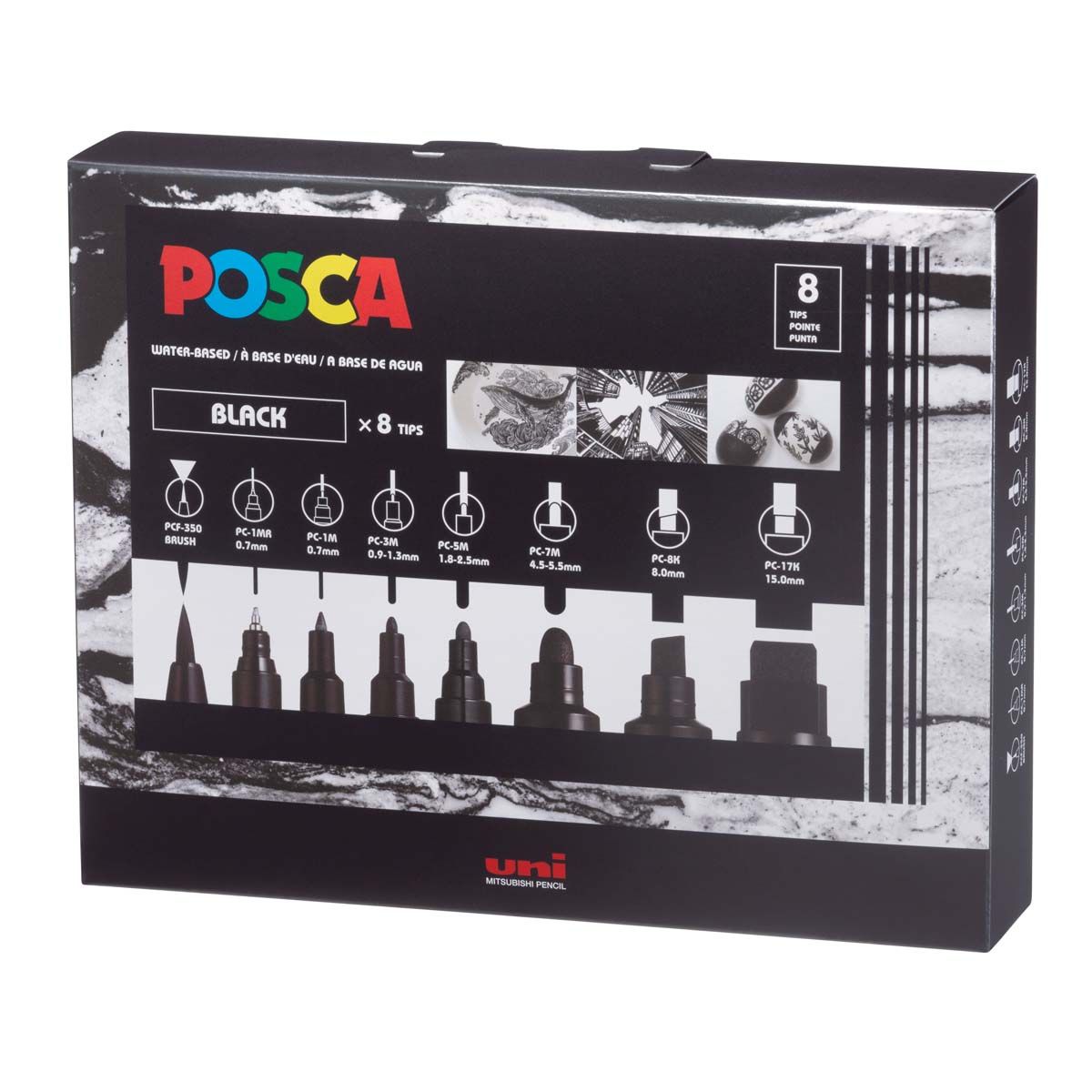 Pack of 8 x Black POSCA Markers with 8 x Different Tips