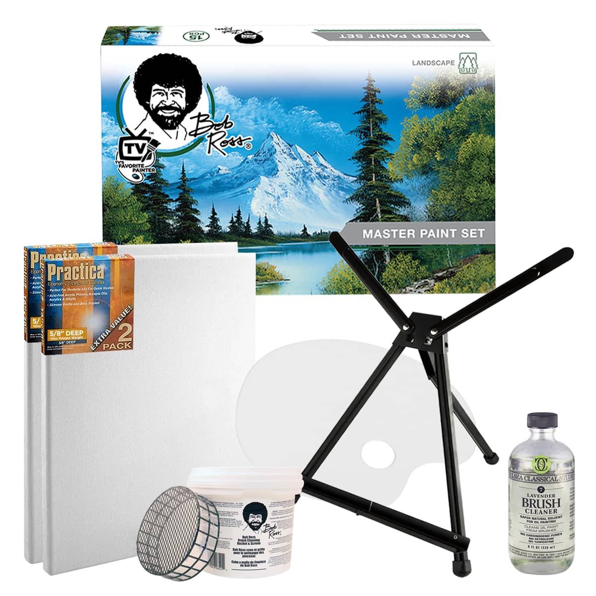 Jerry's Artarama Exclusive set of 6 Bob Ross Oil Painting Set with Easel,  32oz Lavender Brush Cleaner, Acrylic Palette, Brushes, Canvases, and