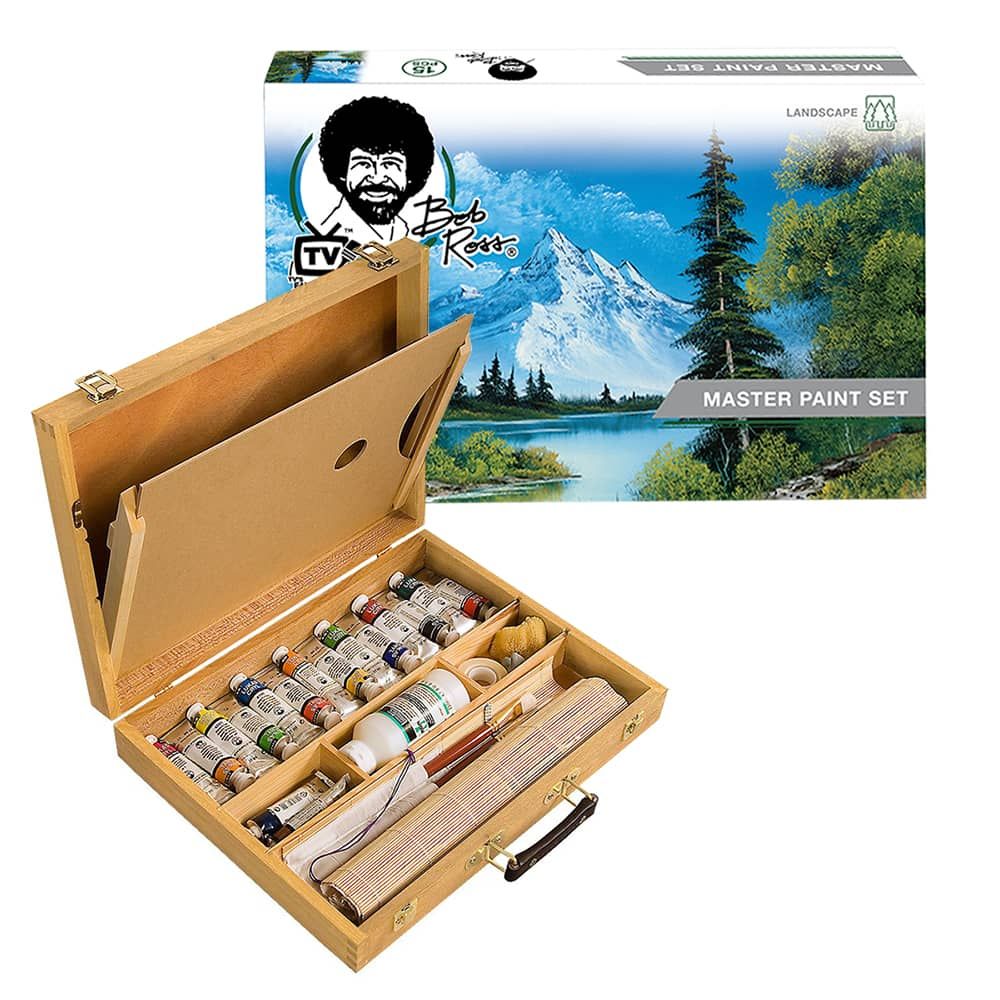 Bob Ross Master Artist Oil Paint Set Bundle with Aluminum Table Easel &  2-Pack 12x16 Stretched Canvas for Painting (3 Items)