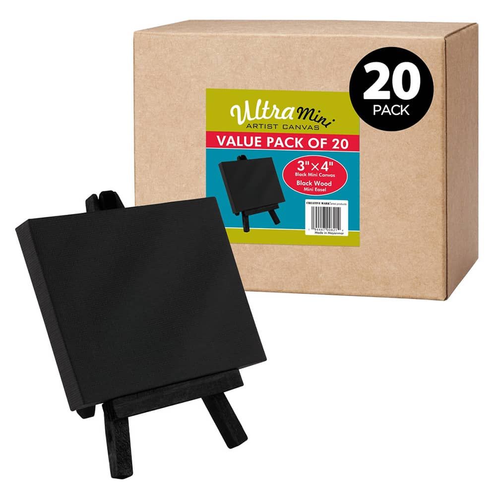 Creative Mark Ultra Mini Black Stretched Canvas & Black Wood Easel for Small Paintings - 3x4 inch [20 Pack] Perfect to Paint or Displaying