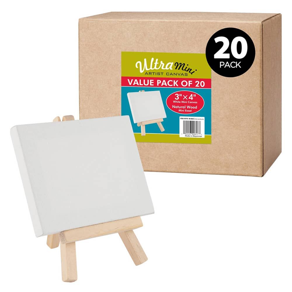 Creative Mark Ultra Mini White Stretched Canvas & Natural Wood Easel for Small Paintings - 3x4 inch [20 Pack] Perfect to Paint or Displaying