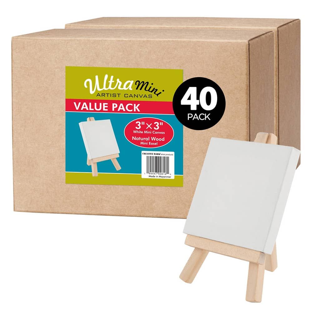 Box of 40 Ultra Mini White Canvas 3 x 3 in w/ Natural Easel Set Jerry