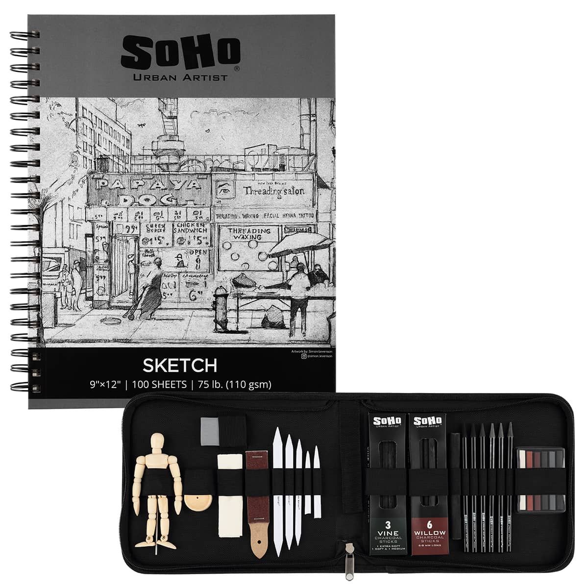 Soho Urban Artist Charcoal Drawing Set - Drawing Charcoal for Artists,  Students, Blending, Live Figure Drawing, & More! - [Black - Drawing Set]