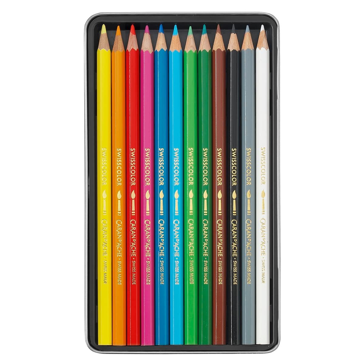 Caran d'Ache Swisscolor Water Soluble Pencil Tin Set of 12, Assorted Colors