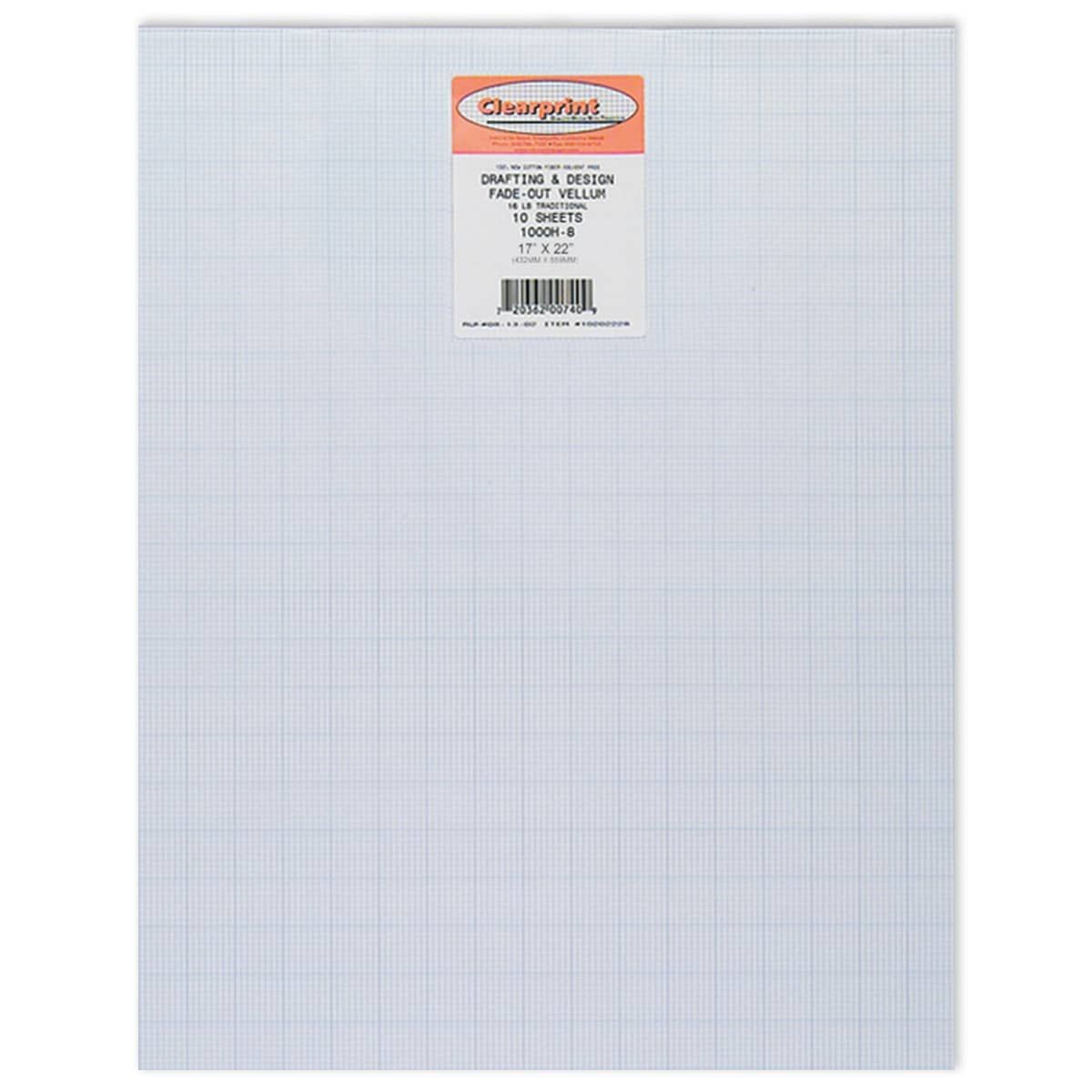 Clearprint 1000H Vellum 10 Sheet Pack 17 x 22" with 8x8 Grid
