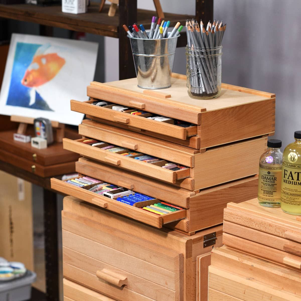 U.S. Art Supply 6 Drawer Wood Artist Supply Storage Box - Pastels, Pencils,  Pens, Markers, Brushes