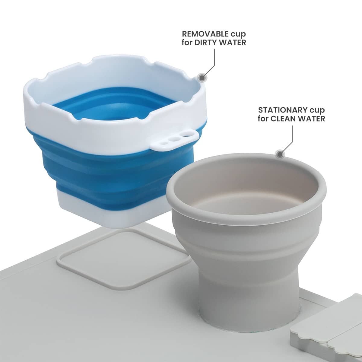 Two collapsible water cups - one fixed and one removable
