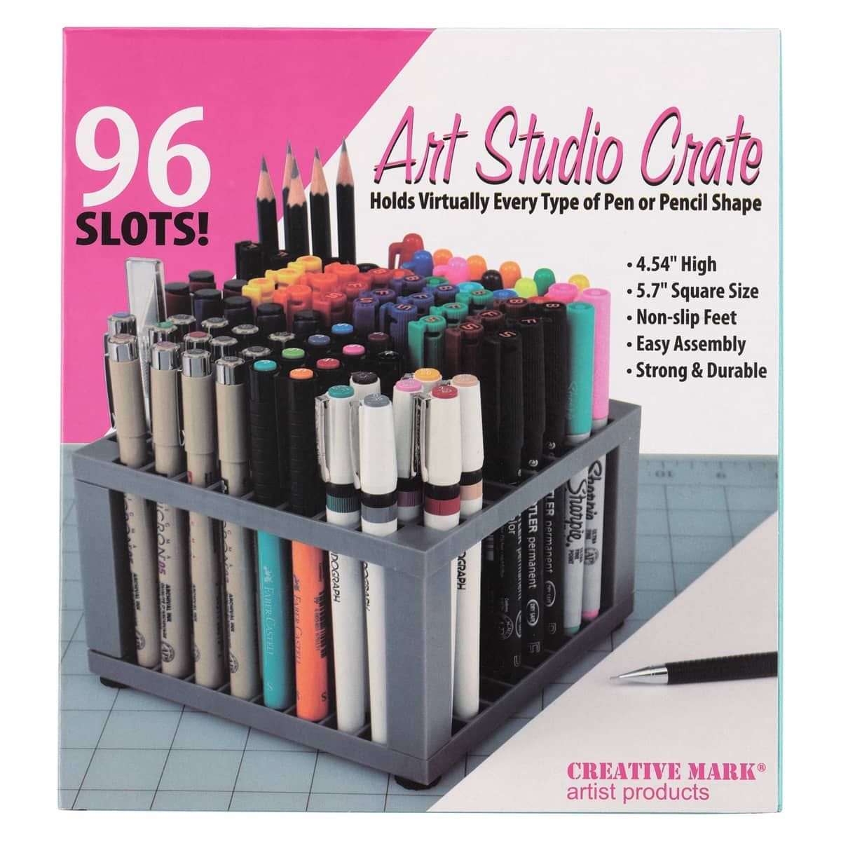 Holds and organizes markers, pens, pencils, brushes, x-acto knives, and more!
