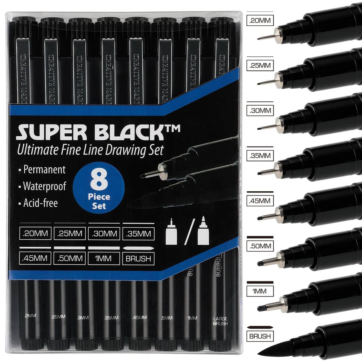 Super Black Permanent Fineliners Ultimate Line Drawing Set of 8 - Creative Mark 