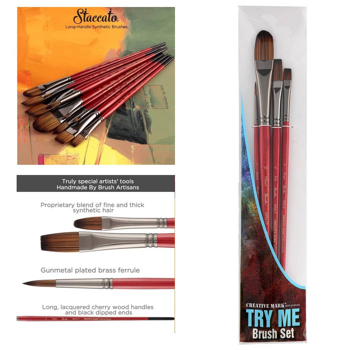 Try Me Brush Set of 4 Staccato Long-Handle Synthetic Brushes- Great for Heavy body acrylics and thin ink glazes