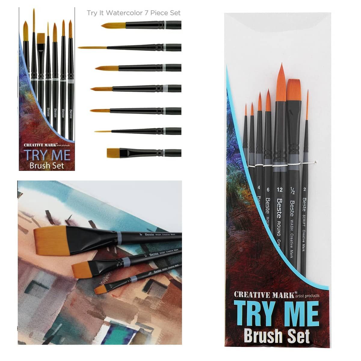 Creative Mark 7 Piece Try It Set Of Beste Short-Handle Brushes For Watercolor