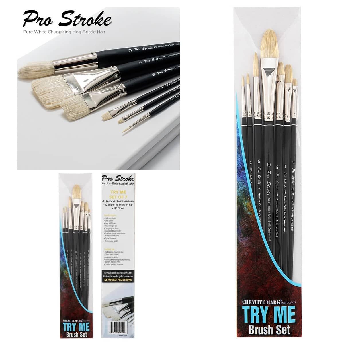 Creative Mark Try Me Set Of 7, Long Handle Pro-Stroke Bristle Brushes