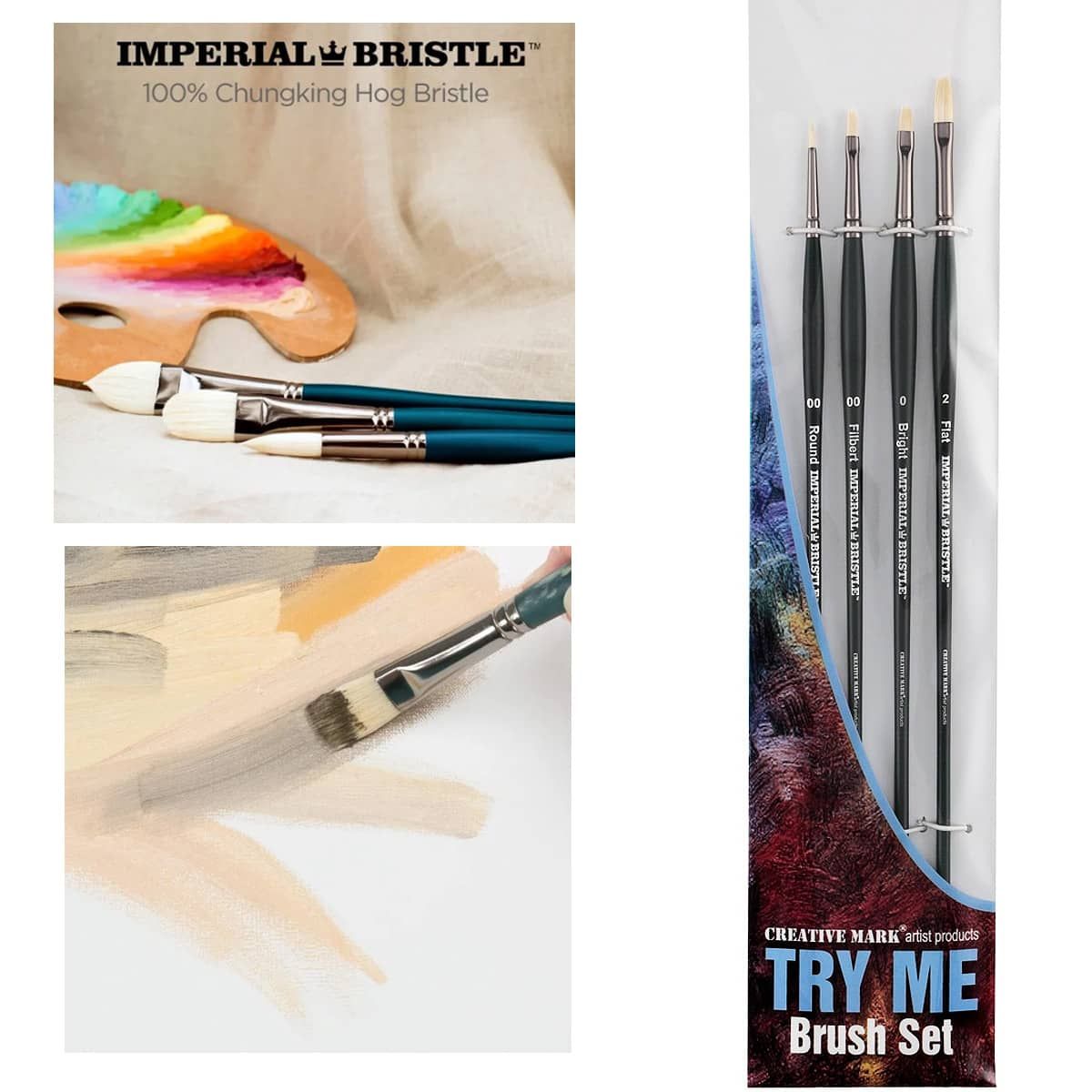 Creative Mark 4pc Try Set Of Long Handle Imperial Bristle Brushes - 100% Chung­king hog bristle - Perfect for use with oil paints