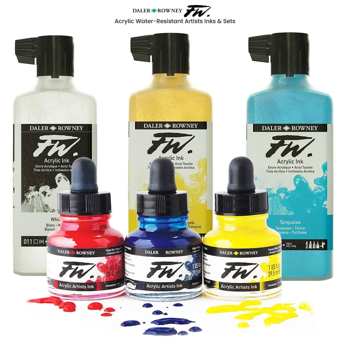 Daler-Rowney FW Acrylic Ink Bottle 6-Color Primary Set - Acrylic Set of  Drawing Inks for Artists and Students - Permanent Art Ink Calligraphy Set 