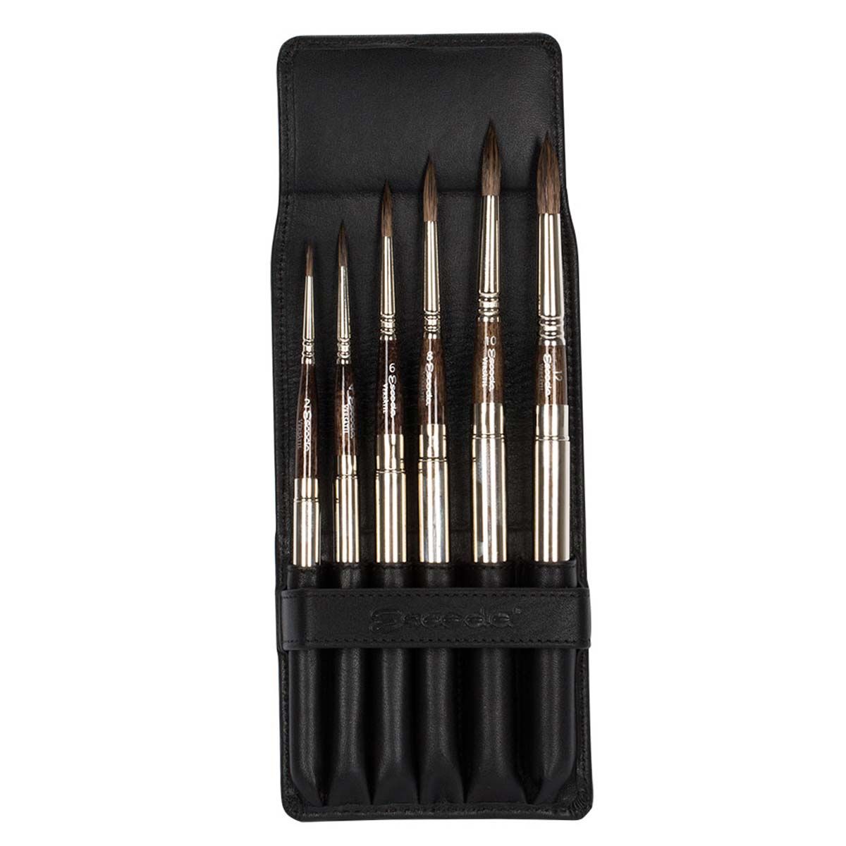 Escoda Versatil Synthetic Kolinsky Sable Short Handle Travel Brush Set of 6 with Synthetic Leather Case Escoda Versatil Synthetic Kolinsky Sable Short Handle Travel Brush Set of 6 with Synthetic Leather Case