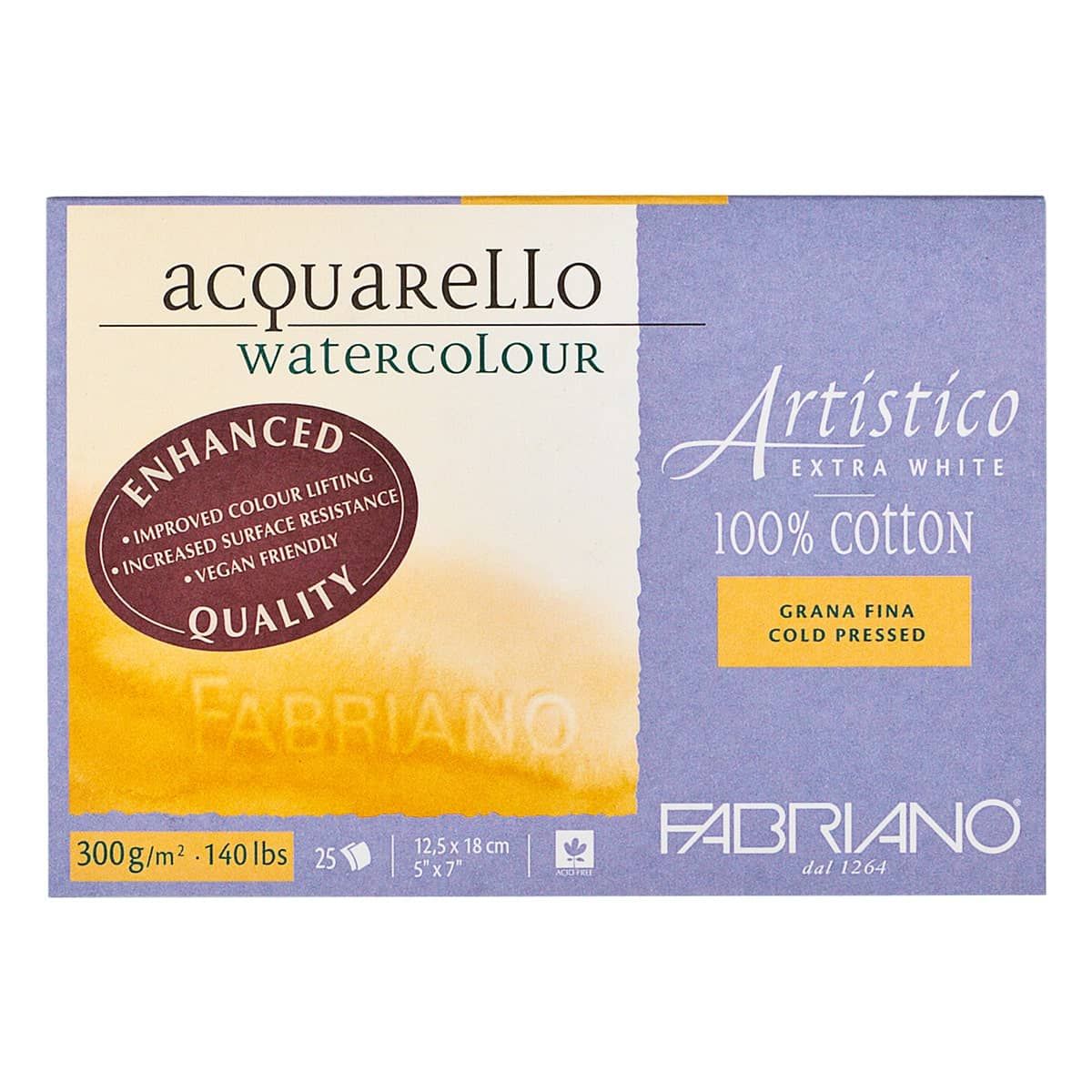 Fabriano Artistico Watercolor Block - 5x7 Vegan Extra White 140lb Hot Press 25 Sheets