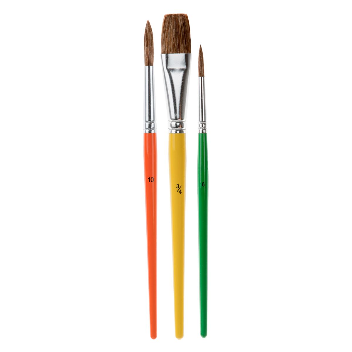 3 quality kids paint brushes in sizes 6 & 10 Round and 3/4" Flat