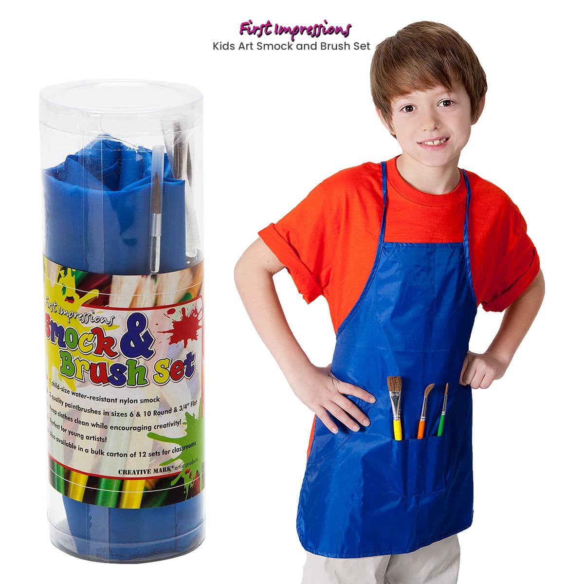 Keep your little art painter clean without hindering their imagination with the First Impressions Smock and Brush Set!