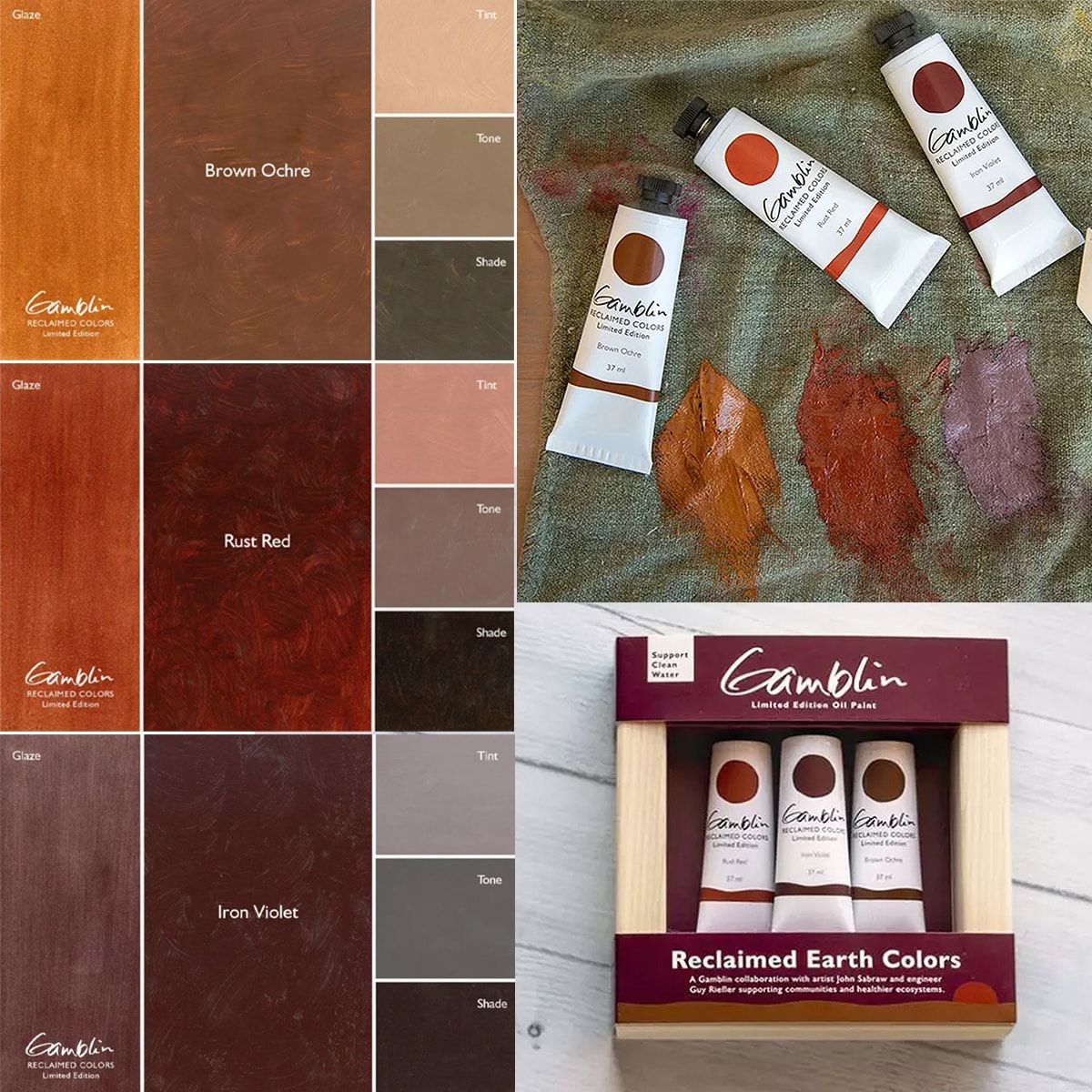 Limited Edition oil paint colors: Brown Ochre, Rust Red, Iron Violet