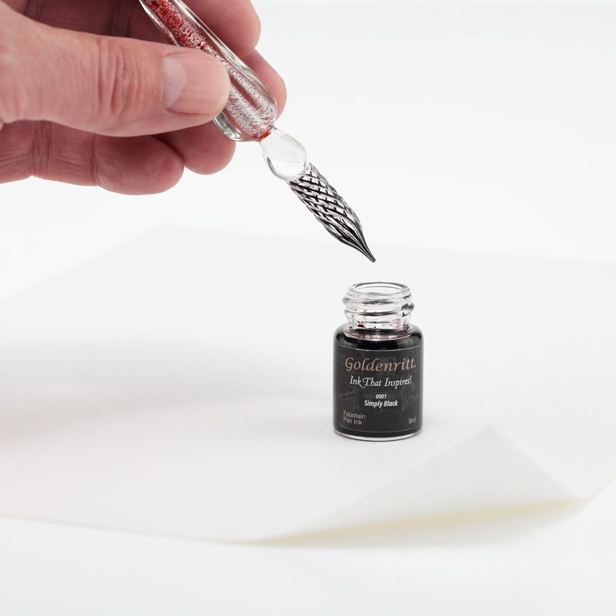 Goldenritt Glass Dip Pen Set Graphite w/ 5ml Ink + Pen Rest