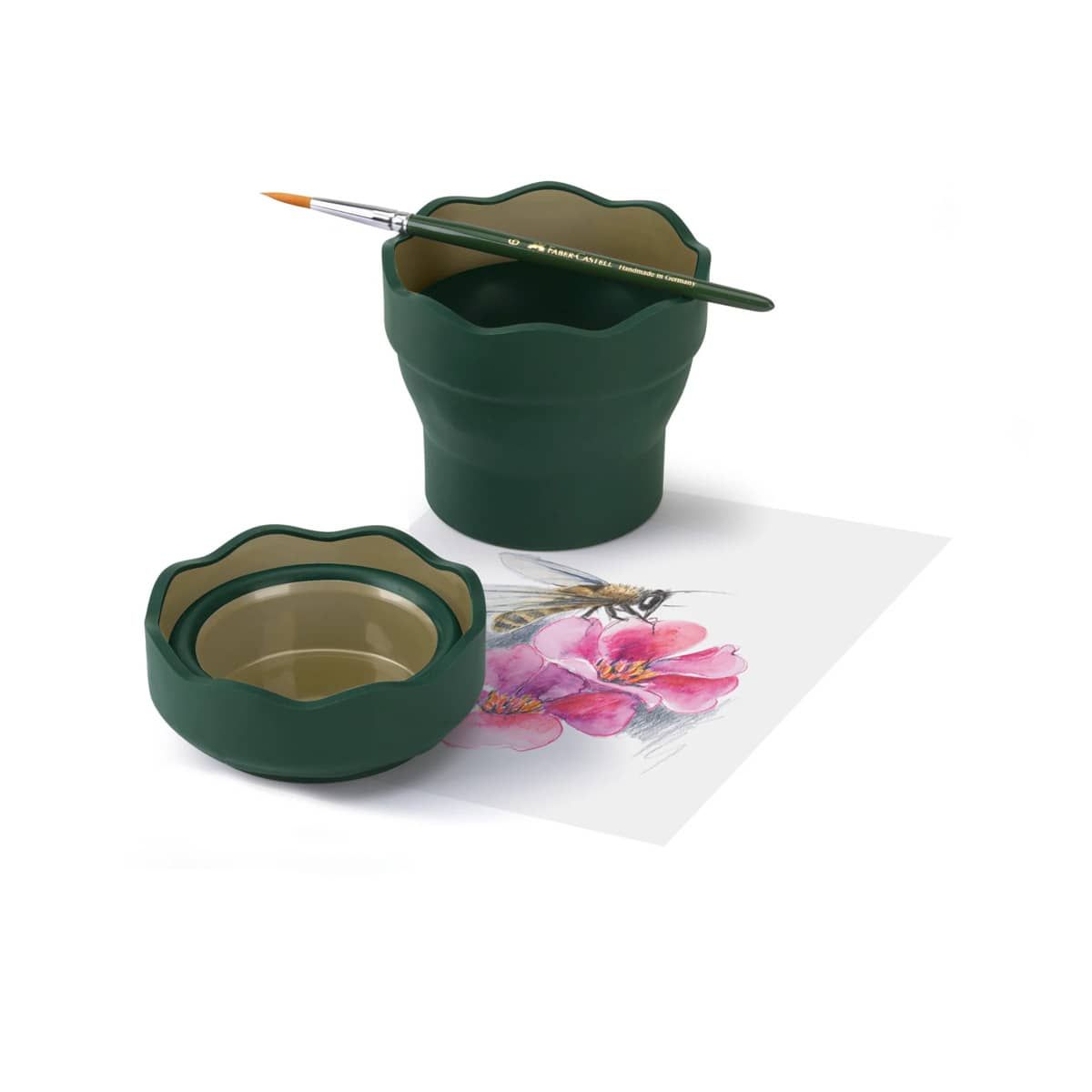 Collapsible water cup holds 12 oz of water and has scalloped edges that will hold your paint brush and prevent it from rolling off the cup between uses!