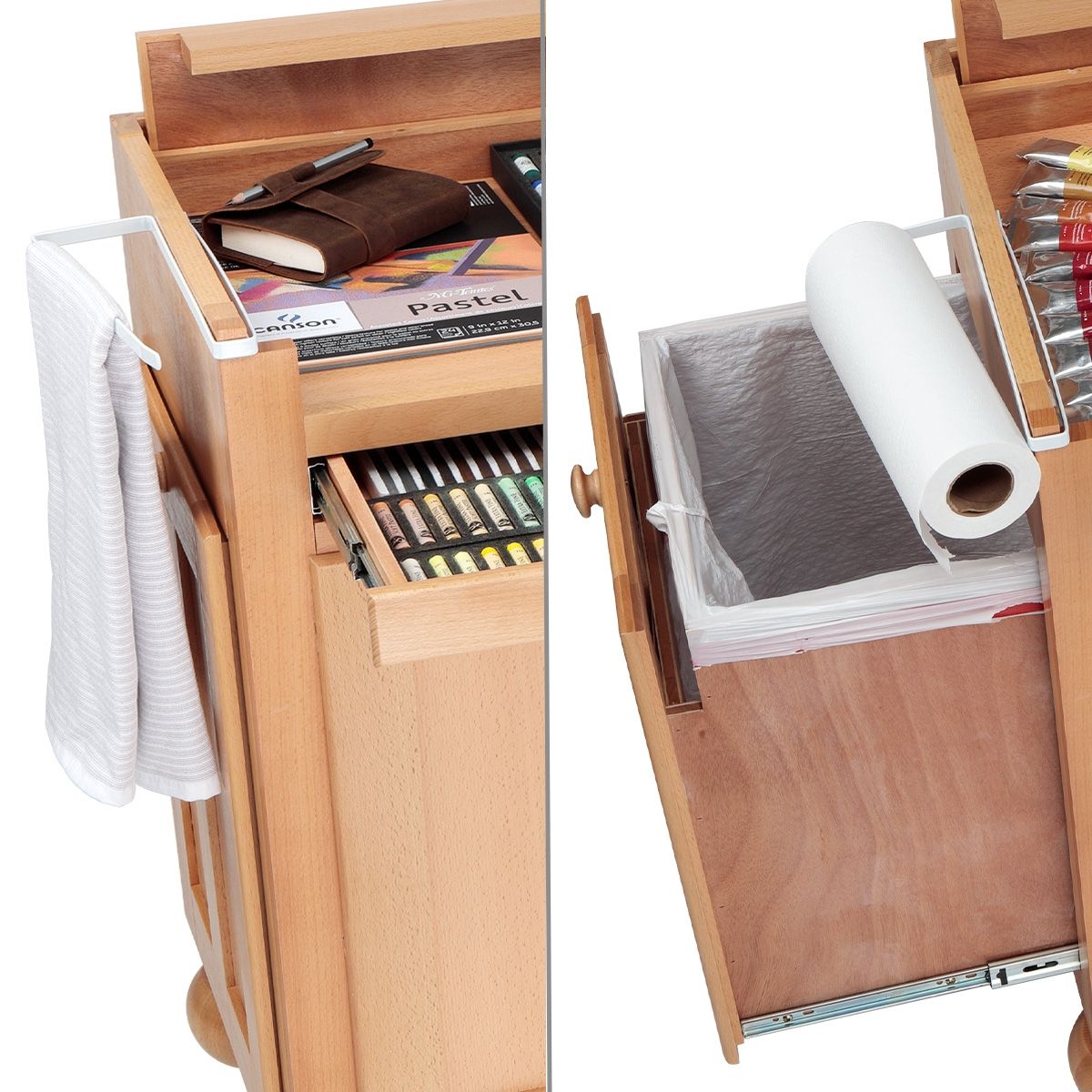 Paper or hand towel holder can be installed over the trash bin