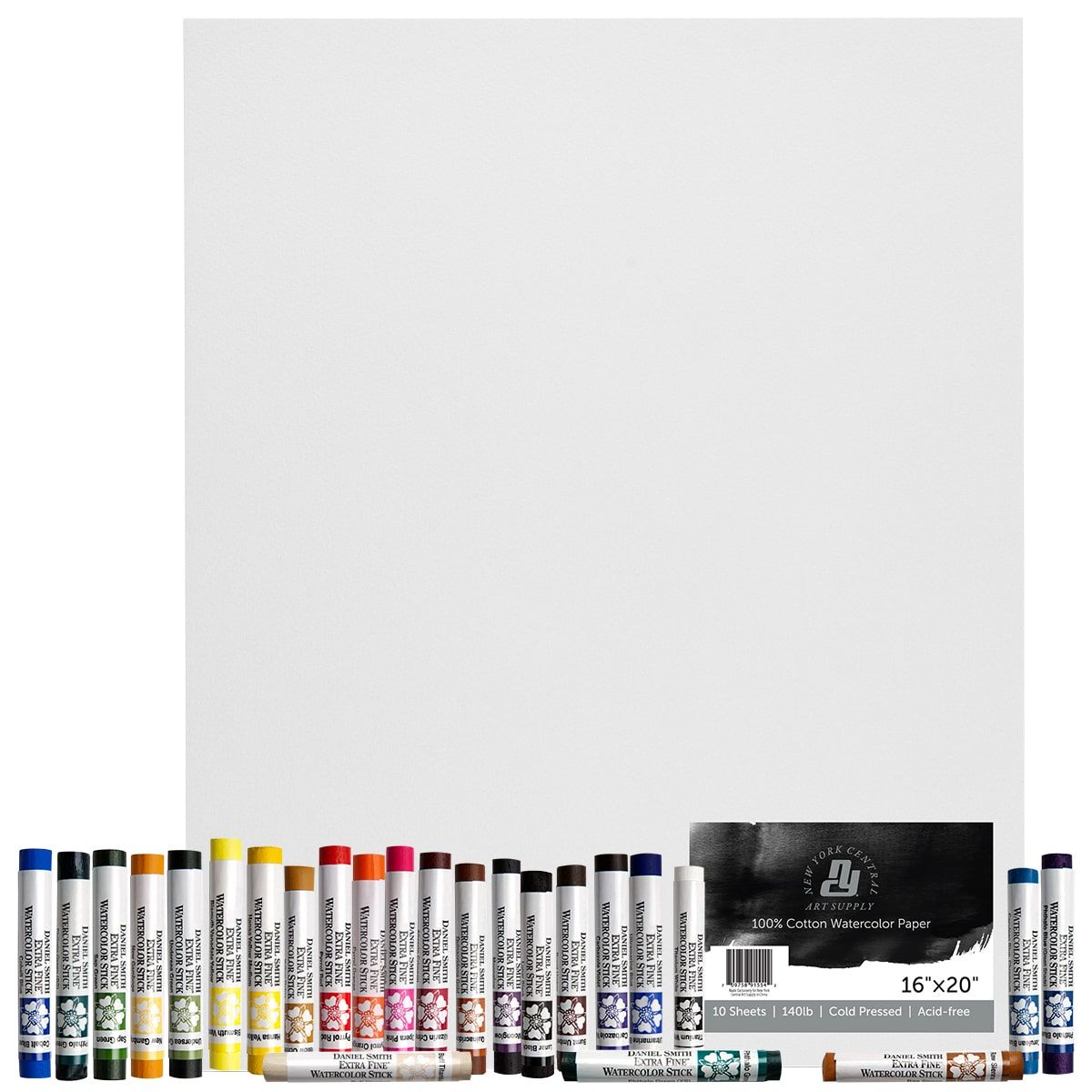 Daniel Smith Watercolor Stick Set of 24 with New York Central Watercolor Sheets 140lb Cold Press, 16" x 20" (10 Sheets)