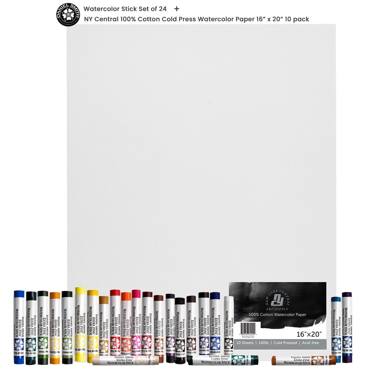 Daniel Smith Watercolor Stick Set of 24 with NY Central Cold Press Watercolor Paper Pack of 10