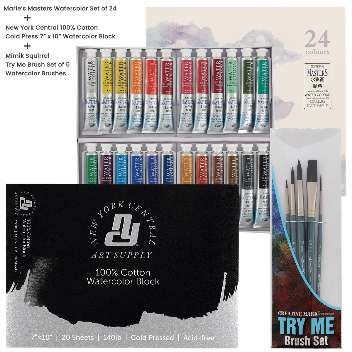 Marie's Master Watercolor Set of 24 with NY Central Cold Press Block and Mimik Brushes
