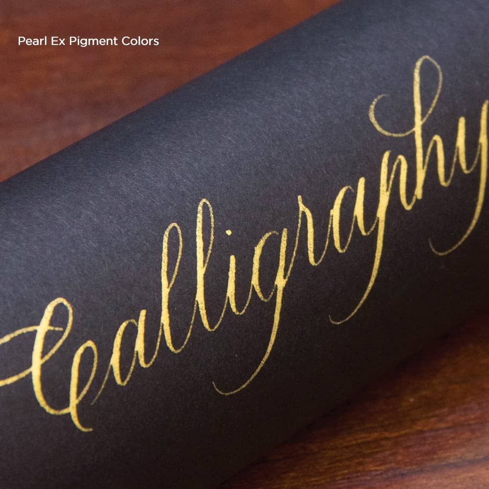 Calligraphy Script by Joi Hunt using Aztec Gold Jacquard Pearl Ex Pigment